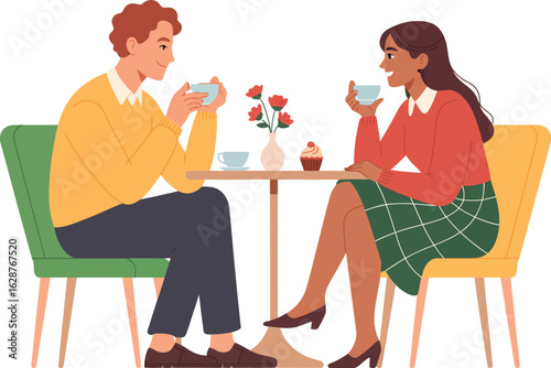 A couple enjoys a pleasant conversation over coffee at a cafe table.