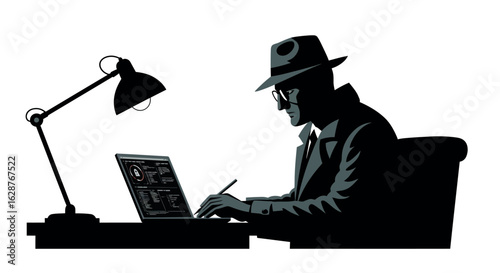Detective analyzing data on laptop under desk lamp in silhouette style