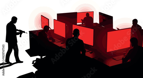 Cybersecurity threat concept: shadowy figures with red monitors in office setting