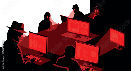 Cyber crime concept with hackers in dark room using computers and laptops