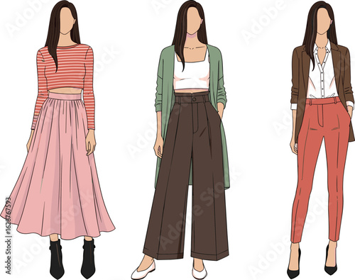 Stylish fashion trio illustration, women’s outfit diversity, modern casual wear sketches, layered clothing inspiration, trendy mix-and-match looks, artistic wardrobe design concept set