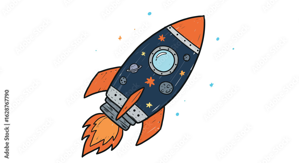 Cartoon rocket ship with cosmic decorations and fiery trail in colorful space Cartoon rocket ship with cosmic decorations and fiery trail in colorful space