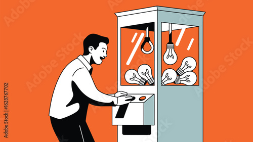 A man plays a claw machine filled with light bulbs, representing the pursuit of new ideas.