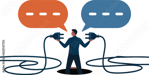 A person connects two speech bubbles with electrical plugs, symbolizing communication and connection.