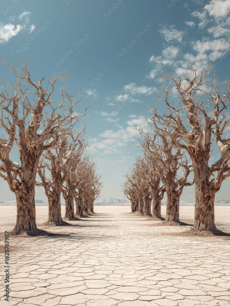 Fototapeta premium drought destroys cultivated plants rows of dry trees on the dry land in summer