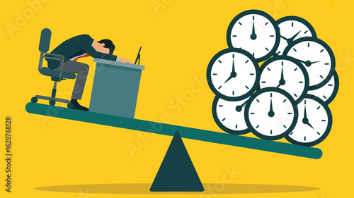 A tired businessman rests his head on his desk as a pile of clocks tips the scales towards overwhelming time pressure.