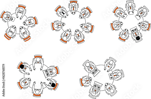 Top view business meetings, team collaboration around round tables, office group discussion, corporate teamwork, brainstorming session, laptop and documents, vector workplace illustration


