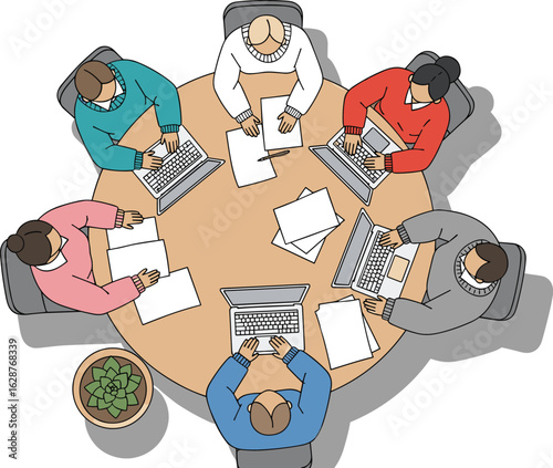 Top view of office meeting, diverse team collaboration, working with laptops, round table workspace, teamwork planning, business discussion, modern workplace illustration