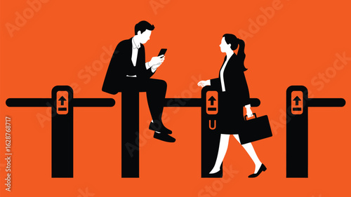Two business professionals use their smartphones near a turnstile entrance with an orange background.
