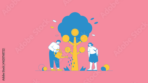 Two people are watering a money tree with coins on a pink background, illustrating financial growth and investment.