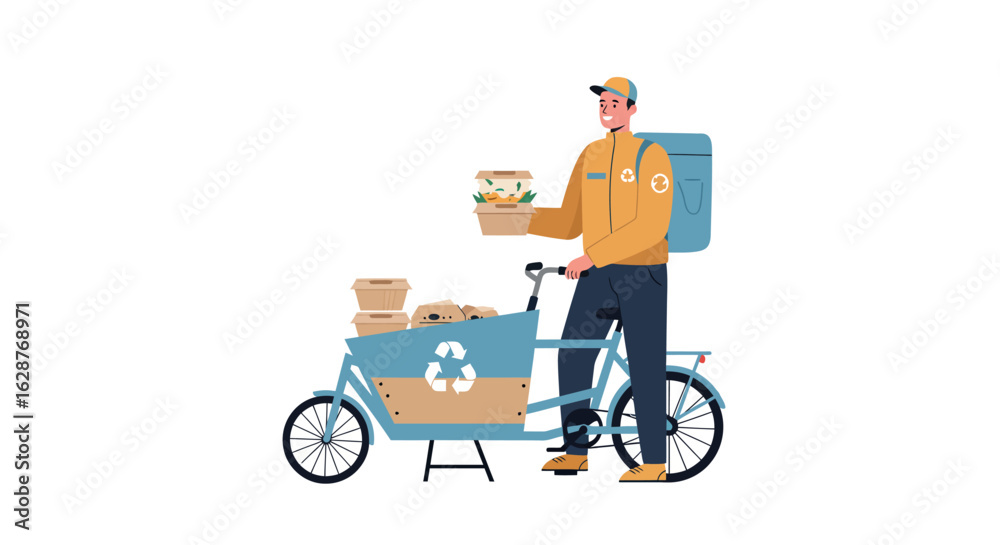 Courier delivering eco-friendly packages on bicycle for sustainable urban transport Courier delivering eco-friendly packages on bicycle for sustainable urban transport