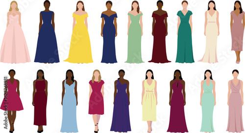 Women evening dress collection, flat vector illustration of formal gowns, diverse elegant outfits, fashion design template for events, prom, gala, or weddings