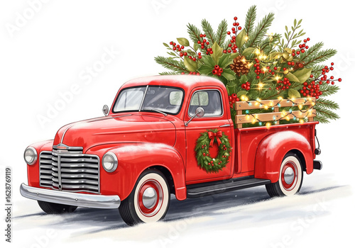 Vintage Red Truck with Christmas Tree and Wreath, 2026 Winter Holiday Illustration