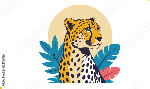 A stylized illustration of a cheetah's head and shoulders with tropical leaves and a sun disk in the background.