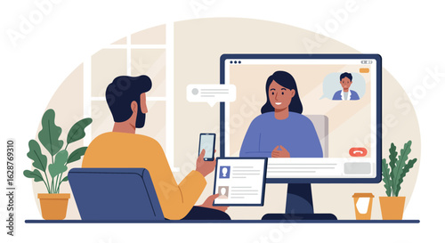 Remote work and video conferencing concept with home office setup and virtual meeting