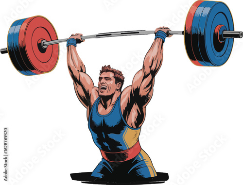 Muscular athlete lifts heavy barbell overhead in weightlifting competition