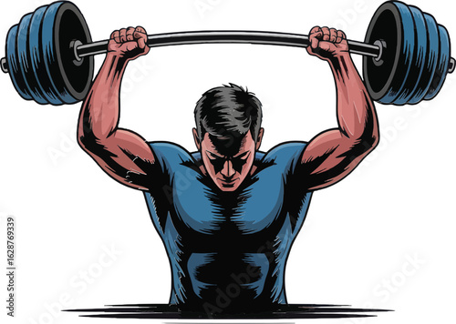 Muscular man lifting heavy barbell overhead in gym