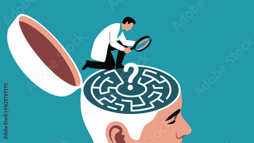 Scientist with magnifying glass explores a maze inside an open head, representing the complexities of the mind.