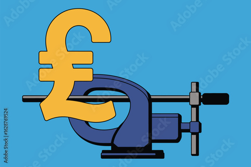 A gold pound sterling symbol is being squeezed in a blue vise, symbolizing financial pressure.