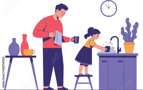 A father and daughter wash dishes together in a bright, modern kitchen.