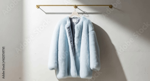 warm fluffy vicuna jacket hanging on a display hanger