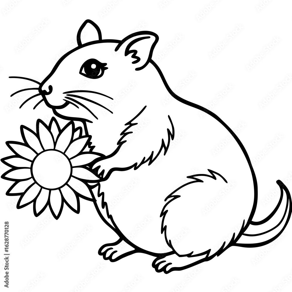 Obraz premium Cute cartoon hamster holding a sunflower in black and white outline