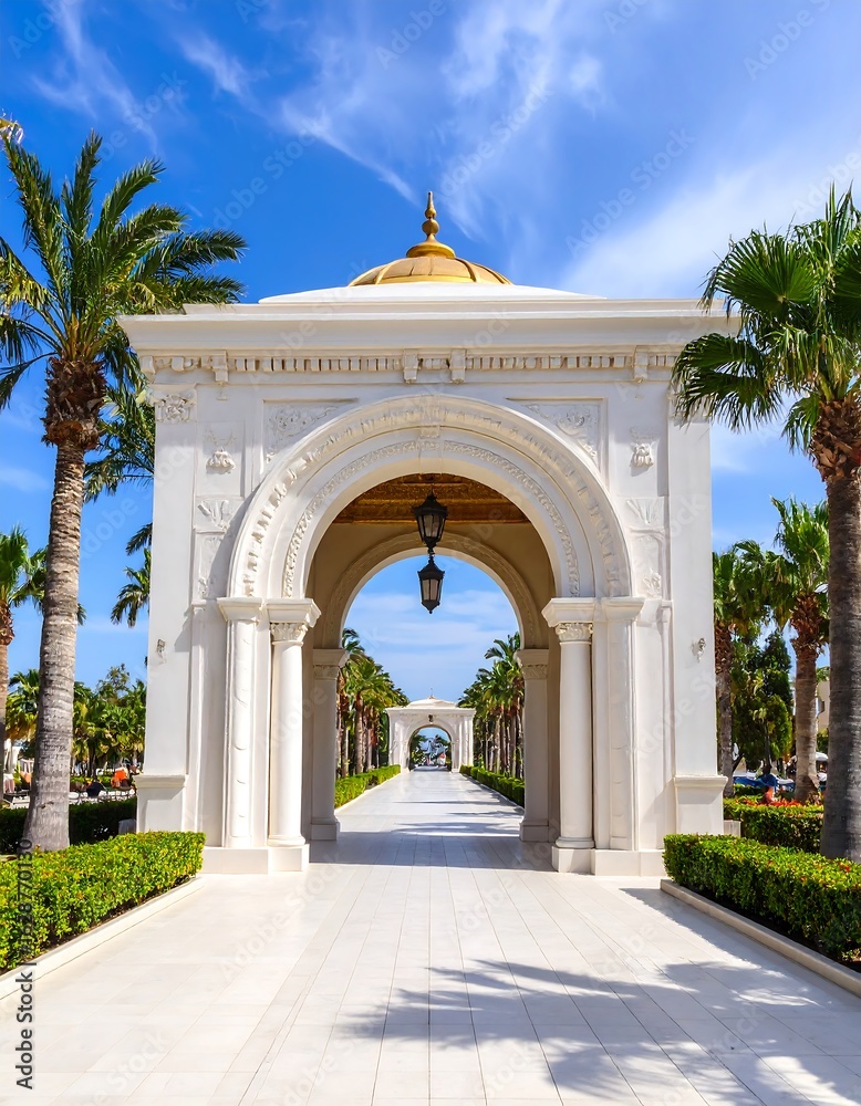 White archway walkway in a sunny park White archway walkway in a sunny park