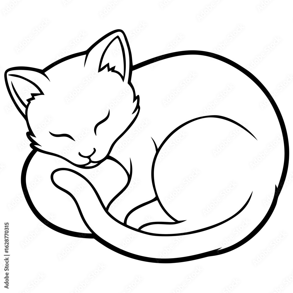 Naklejka premium Simple line drawing of a sleeping cat curled up
