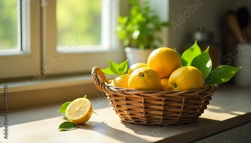 Wallpaper Mural Lemons with Leaves in Woven Basket on Kitchen Counter with Sunlight  Torontodigital.ca