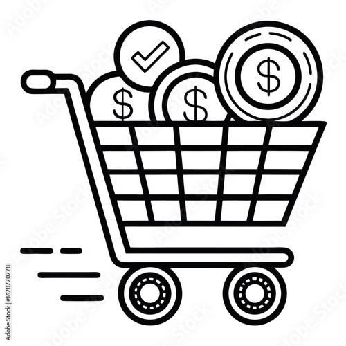 Art of shopping cart filled with coins isolated on white background
