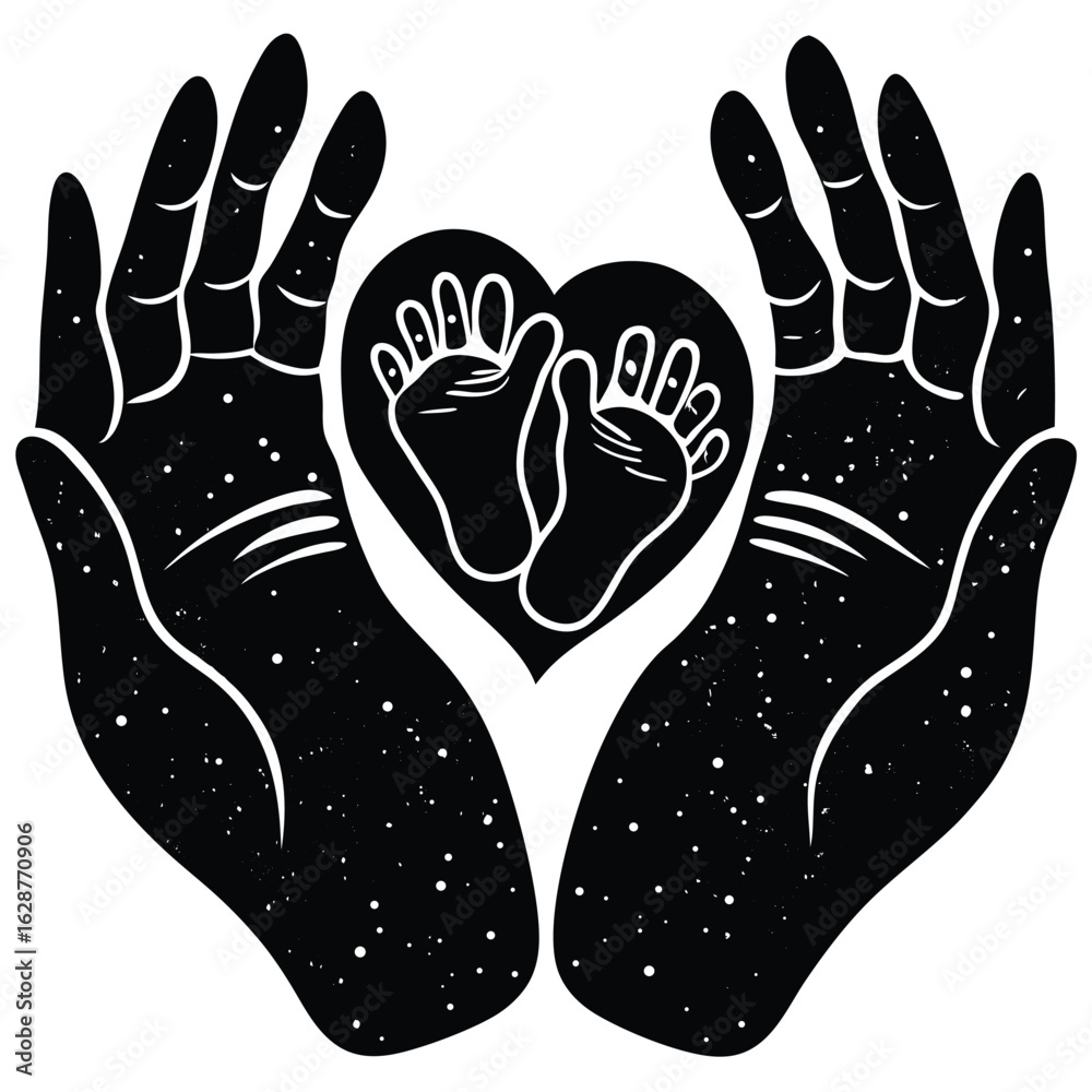 Obraz premium Black Silhouette Hands Cupping Heart Shaped Baby Feet With Speckled Texture love