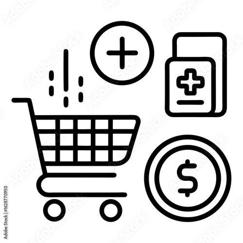 Art of shopping cart with medicine and dollar coin, isolated on white background