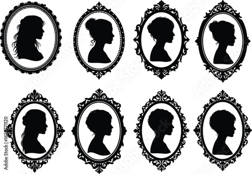 Vintage female silhouette portraits collection, Victorian lady cameos in ornate oval frames, antique style vector illustration for elegant decoration use