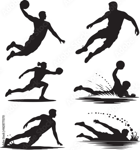 Dynamic Silhouettes of Athletes in Motion Depicting Water Polo Basketball and Running Sports Activity and Skillful Play