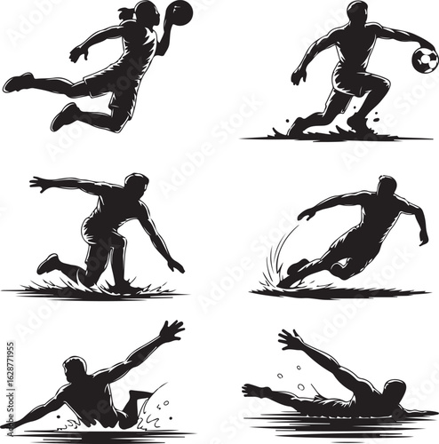 Dynamic Silhouettes Showcasing Sportsmanship and Athleticism in Various Water and Field Activities With Black and White Contrasting Elements