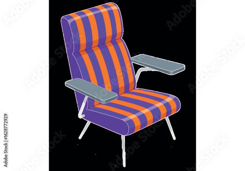 Vector art of a retrostyle armchair with vibrant purple and orange stripes, featuring comfortable upholstery and modern design elements, perfect for a stylish living space transparent background