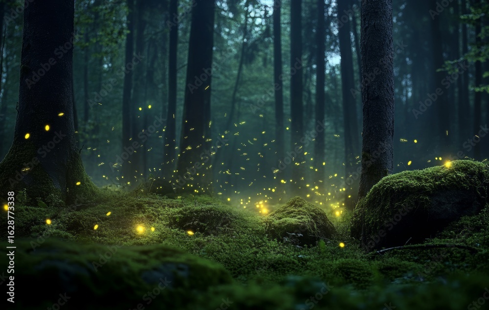 Obraz premium Mysterious forest comes alive at night with a mesmerizing display of magical sparkling lights