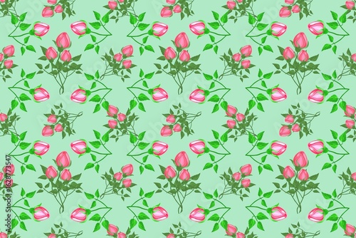 Roses, branches, buds, leaves, repeating color pattern, on a soft green background.