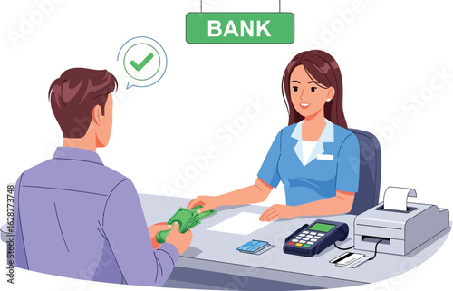 Man handing money to bank teller with bank sign and check mark in speech bubble