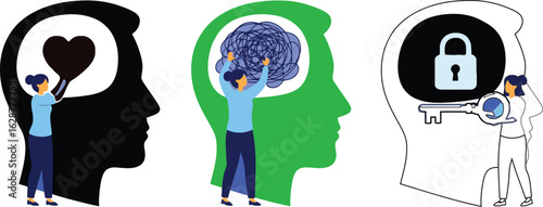 Three head profiles showing love chaos and security with people interacting with them