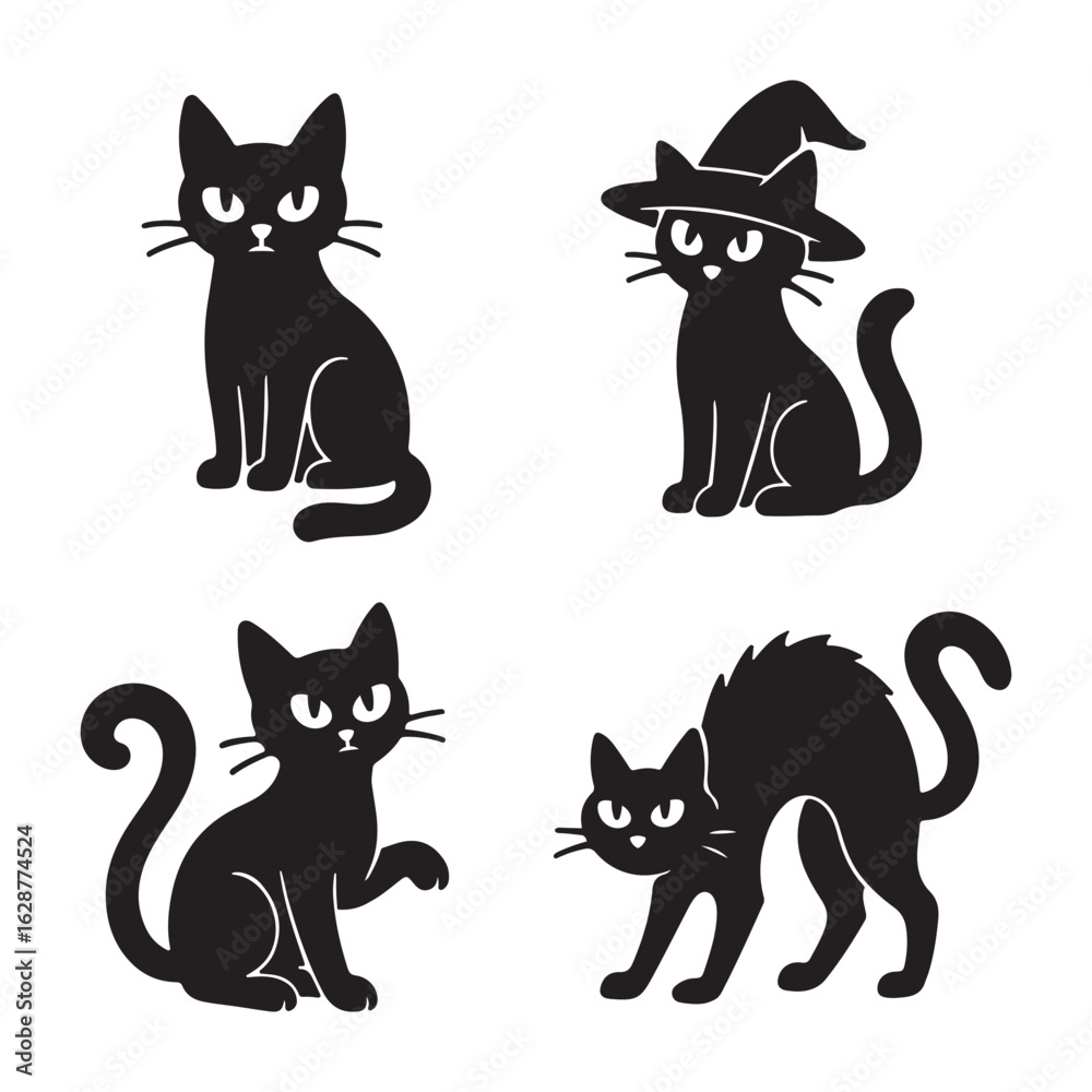 Fototapeta premium Black Cats in Spooky Halloween Poses, Hand Drawn Scary Cat Character Set