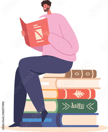 Man reading on book stack
