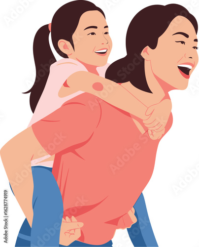 A happy mother giving her daughter a piggyback ride with both smiling and laughing