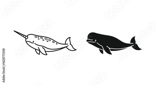 Narwhal and Beluga Whale Icon in Black and White Style