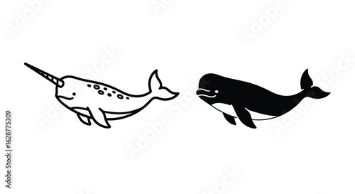 Narwhal and Beluga Whale Icon in Black and White Style
