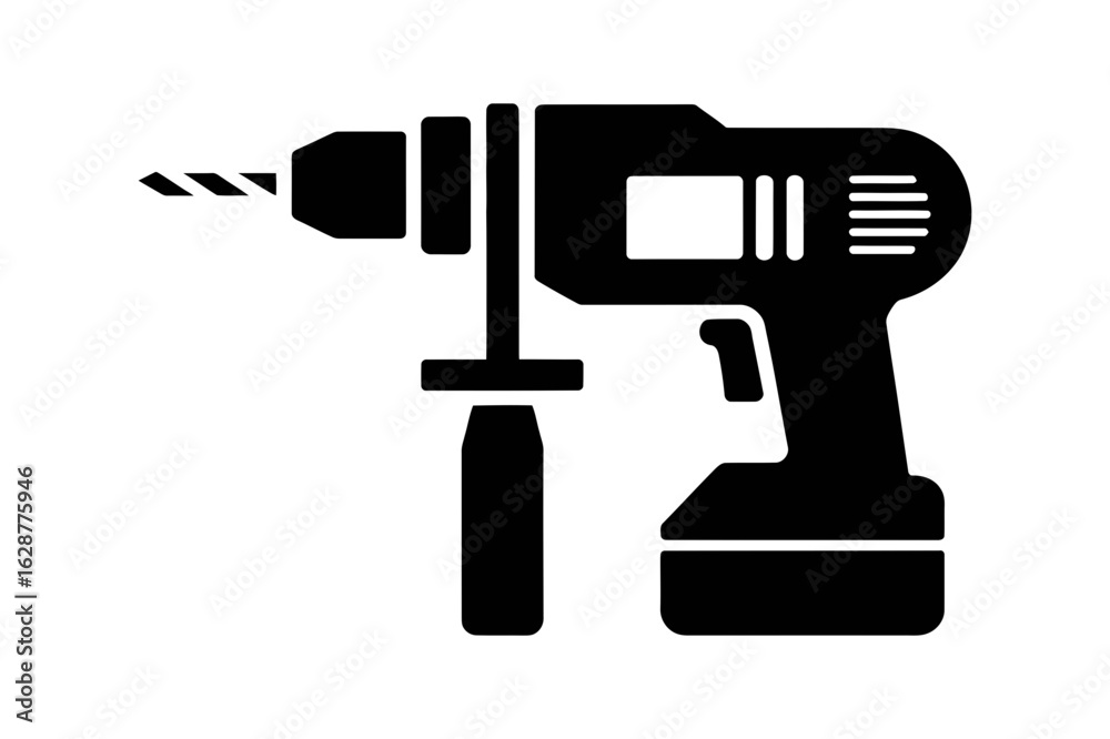 Illustration of a black cordless drill with a side handle and a drill bit attached to it Illustration of a black cordless drill with a side handle and a drill bit attached to it