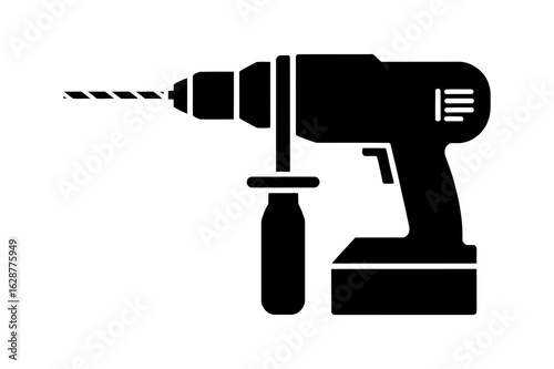A black silhouette of a power drill with a drill bit and auxiliary handle on a white background