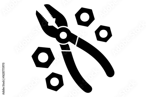Illustration of black pliers with serrated jaws and four hexagonal nuts scattered around it