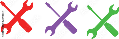 Three sets of crossed tools in red purple and green on a white background graphic design