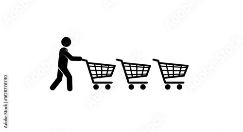 Person pushing shopping carts in a minimalistic style